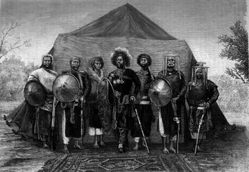 エチオピア王メネリク2世（1844-1913）と彼を囲む軍司令官たち。『ル・ジュルナル・ド・ラ・ジュネス』掲載の版画