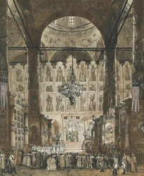 "Messe a la cathedrale de la Dormition du kremlin a Moscou, Russie" (モスクワのクレムリンにあるドーミション大聖堂でのミサ) 1850年頃 アノニマス・グワッシュ コレクション・プライヴェート