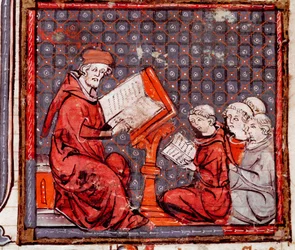 中世の時代。「哲学の授業、教師と生徒」 ミニチュア 「Grandes Chronicles de France」1375-1379年より引用 カストル市立図書館