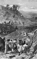 1869年、アフリカのダイヤモンド鉱山の採掘風景。