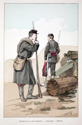 平和維持軍の動員（1870年～1871年アルフレッド・レイ(1864-?)とルイ・フェロンによるセーヌ川警部のルイ・ルピーヌ(1846-1933)の後援で出版された本「平和の戦士たちの歴史」の挿絵のためのカラー・エッチング。