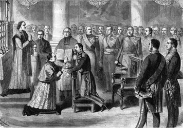 1863年、チュイルリー宮殿の礼拝堂でナポレオン3世の手で宣誓するパリ大公ジョルジュ・ダルボイ（1813-1871）。