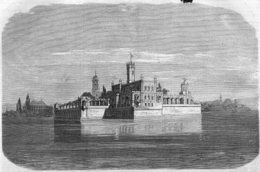 ドイツのボーデン湖畔に建つモンフォール城。"The Illustrious Universe "に掲載された版画