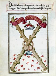ブルゴーニュ公爵家の標語。ペドロ・マルクーロの「スペイン女王ジョアン・ジ・フォル（1479-1555）の献身コレクション」（"Devocionario de la Reyna Da Juana a Quien Llamaron la Loca"）から抜粋された写本のページ 15世紀 シャンティイ、コンデ美術館