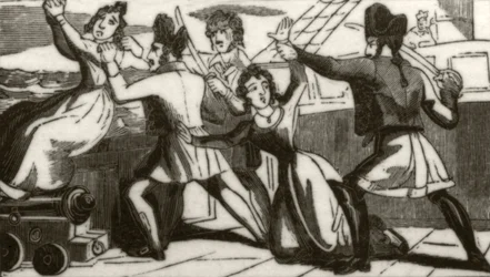 海賊に命乞いをするグラス夫人とその娘」1836年頃