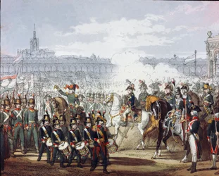 ナポレオン・ボナパルト（1769-1821）が民兵のロンバルド・シスパダン軍団を閲兵している様子（1797年07月09日） 水彩画のエングレーヴィング。ミラノ、リソルジメント博物館