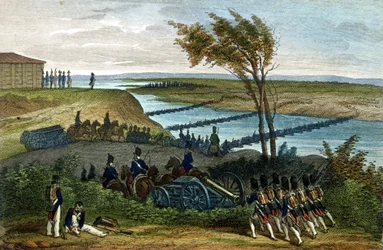 ナポレオン戦争：ロシアのキャンペーン。1812年6月24日、2つの帝国を隔てるニーメン川（ドニェメン）の通過点。19世紀の版画。