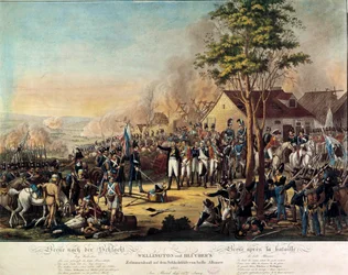 ナポレオン戦争：ベル・アライアンスの戦い、またはワーテルローの戦い 1815年6月18日、ウェリントン公爵アーサー・ウェルズリー（1769-1852）とブラッハー王子の命令を受けた軍が勝利する