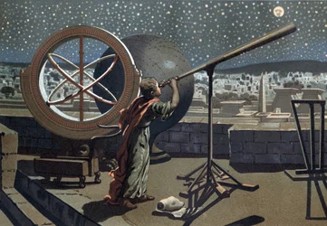 ニケのヒッパルコス。(Hipparkhos) in the Alexandria Observatory Greek Astronomer (in Bythinia, 2nd century BC) after "La Ciencia y sus Hombres" by Louis Figuier.バルセロナ 1881年
