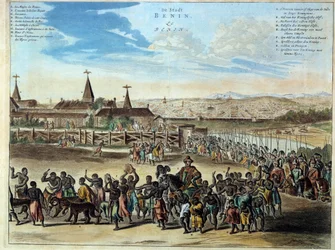 ナイジェリア ベニン王国の首都 1680年にオバメで行われたフーグバジャ王（1645-1689）の厳粛な退場。1686年のエングレーヴィング。パリ、アフリカとオセアニアの芸術。