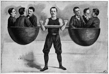 6人の男性を腕に抱えて冬のサーカスに参加するイタリアの24歳の若者、ニーノ。1898年の写真より