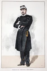 平和担当官、スモールセカンドエンパイアドレス（1852年～1870年）。アルフレッド・レイ(186)がセーヌ川の警察官だったルイ・ルピーヌ(1846-1933)の後援で出版した本「平和の戦士たちの歴史」の挿絵のためのカラーエッチング。