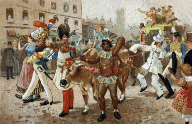イル・ド・フランス地方で行われている古い習慣。1830年に行われたビーフグラの行列。19世紀末のクロモリトグラフ。