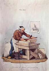 古いメチエ：リトグラフの石のグラネール。リトグラフを印刷する際の工程の一つで、インクで石を整えることを指す。19世紀のイラスト 個人蔵