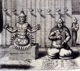 左は8本の腕を持つヒンズー教の神、右は日本の仏陀である阿弥陀。アタナシウス・キルヒャー（1601〜1680）の「De China Monumenta」（アムステルダム、1667年）。