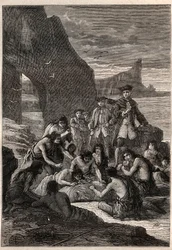 一人は歯でデコピン。Vice-Admiral John Byron (1723-1786) on one of the Detroit of Magellan - the Fuegians (in inhabitants of Tierra del Fuego) decoupe with their teeth, the whale that was torned and petrified on the beach - ill