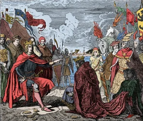 Ottokar II (1230-1278) homage to Rudolf I - Ottokar II (1233-1278) Bohemeの王は、1278年のMarchfeldの戦いの後、神聖帝国のRodolph I (またはRodolph IV of Habsburg) (1218-1291)に敬意を表している。