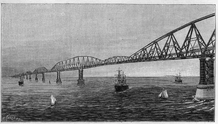 フランスとイギリスを結ぶ英仏海峡に架かる橋のプロジェクト「英仏海峡に架かる橋の概要」。ラ・ネイチャー」に掲載された版画。Revue des sciences et de ses applications aux arts et a l