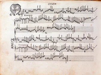 オッタビアーノ・ペトルッチの「Harmonice Musices Odhecaton」（1501年）の楽譜のページ。
