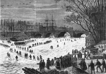 1868年1月のパリ。ポン・ヌフの高さで氷に捕まったラ・セーヌ。