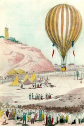 1870年のパリ本社：パリで外部との通信に使用された気球の一つの風景。19世紀の水彩画 プライベート・コレクション