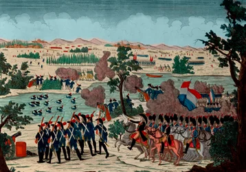 フランスの擲弾兵による4年目のプレイリア11日（1800年12月20日）のミンシオ川の通過。ボナパルト総司令官の目の下で - エングレーヴィング - 1800年 - ポッツォーロの戦い（ミンシオ川の戦い、モンザンバーノの戦いとしても知られている） - ミンシオの通過