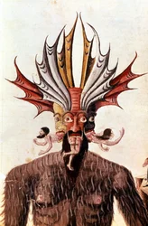 ダンテの『神曲』におけるルシファー（悪魔）の描写。14世紀の写本。トリヴルツィアーナ図書館、ミラノ