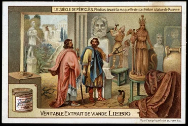 ペリクレスの世紀（紀元前495～429年）：有名なミネルバ像の模型の前に立つ彫刻家フィディアス（紀元前490～430年） - リービッヒ・クロモリトグラフィー