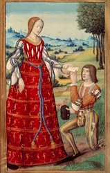 オクタヴィアン・ド・サン・ゲレ（1468-1502）の「オヴィドの英雄物語」の翻訳から、ミニチュアの使者に手紙を差し出すペドル（B.N.