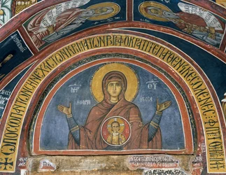 フォルビオティサ・パナギア、メダイヨンのキリストの聖母、フレスコ画（1332-1333年）、ビザンチン様式のアシノウの聖母教会（12世紀）（ユネスコ世界遺産、2001年）、キプロス、トロードス山脈