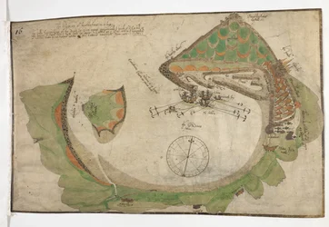 1585 年 6 月、リチャード ポールターが描いたサン セバスチャンの町と港の平面図
