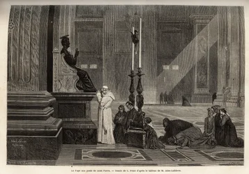 ローマ法王ピオ9世（pio 9）（1792-1878）は、バチカン市国のバシリカの入り口にあるサン・ピエトロ像の足元に集められた。フランシス・ウェイが1864年から1868年にかけて描いたローマの物語を説明するためのエングレーヴィングで、エドワール編集の「le tour du monde」に掲載されています。