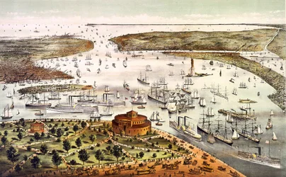 ニューヨークの港、上空からの眺め。エングレーヴィング v. 1892年