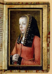 フランス王妃アンヌ・ド・ブルターニュ（1477-1514）を想定した肖像画。ミニチュア、時の書の断片。アノニマス