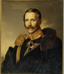 セルジュ・グリゴリエヴィチ・ストロゴノフ (ストロゴノフまたはストロガノフ) (1794-1882)、モスクワ総督の肖像。 （セルゲイ・グリゴリエヴィッチ・ストロガノフ、モスクワ総督の肖像）。 匿名の絵画、キャンバスに油彩