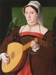 "Portrait de femme jouant du luth avec perroquet sur son epaule" (肩にオウムを乗せてリュートを演奏する女性の肖像) Peinture anonyme vers 1540 木に油彩、70x55 - Fondation Custodia