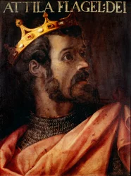 アッティラ（395-453）フン族の王の肖像。17世紀に描かれた無名の絵画「Raccolta Gioviana」Firenze Galleria degli Uffizi.