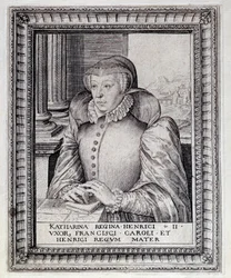 フランス王妃カトリーヌ・ド・メディシス（カテリーナ・ド・メディチ）（1519-1589）の肖像。16世紀のエングレーヴィング。ポー、シャトー美術館