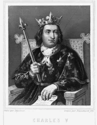フランス王シャルル5世（1338年〜1380年）の肖像-ラヴァレの『フランス史』に掲載、エングレーヴィング、SD。