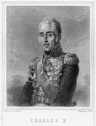 フランス王シャルル10世（1757-1836）の肖像-ラヴァレの『フランス史』所収、エングレーヴィング、SD。