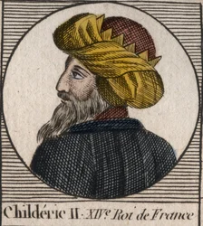 670年から673年のフランク王国の王、チルデリック2世の肖像 - CHILDERIC II 655-675 フランスとアウストラシアのメロヴィング王 - シャルル・コンスタント・ル・テリエ1821年の「フランス史に関する教本」からのエングレービング
