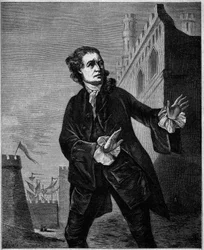 シェイクスピアの「ハムレット」を演じたイギリスのコメディアン、デビッド・ギャリック（1717-1779）の肖像。ウィルソンによる "Le Magasin picturesque "掲載の版画。
