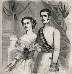 オーストリア皇帝フランソワ・ヨーゼフ（Francois Joseph）1世（1830-1916）とその妻エリザベート・オブ・ヴィッテルスバッハ（1837-1898）（sissi）の肖像。1857年の「Le Monde illustrious」に掲載されたエングレーヴィング。個人蔵。