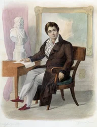 フランスのコメディアン、フランソワ・ジョゼフ（フランソワ・ジョゼフ）・タルマ（1763-1826）の肖像。Mennechet, "Le Plutarque francais"