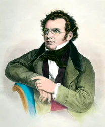 オーストリアの作曲家、フランツ・シューベルト（1797-1828）の肖像。19世紀のエングレーヴィング。個人蔵