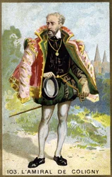フランスの提督、ガスパール・ド・シャティヨン（Sire de Coligny, 1519 - 1572）の肖像。19世紀のクロモリトグラフ。