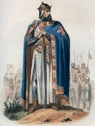 クロススーツを着たゴデフロイ・ド・ブイヨン（1061-1100）の肖像。テオドール・ジュスト（1818-1888）の「原始時代からレオポルド1世の時代の終わりまでのベルギーの歴史」に掲載された1868年の版画。個人蔵。