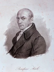 イタリアの作曲家ボニファツィオ・アシオリ（1769-1832）の肖像 エングレーヴィング。19世紀ミラノ、ビブリオテカ・デル・コンセルバトリオ