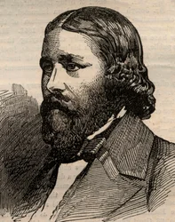 アメリカの詩人、ジェームズ・ラッセル・ローウェル（1819-1891）の肖像。1858年3月20日の「The illustrated London News」に掲載された版画。