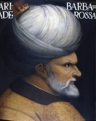 Khayr Al-Din Barberousse (1476 -1546)の肖像。彼は兄とともにアルジェの摂政を築き、オスマン・スルタンの家臣であり、シャルル5世に対するフランスの同盟者でもあった。フィレンツェのウフィツィ美術館。